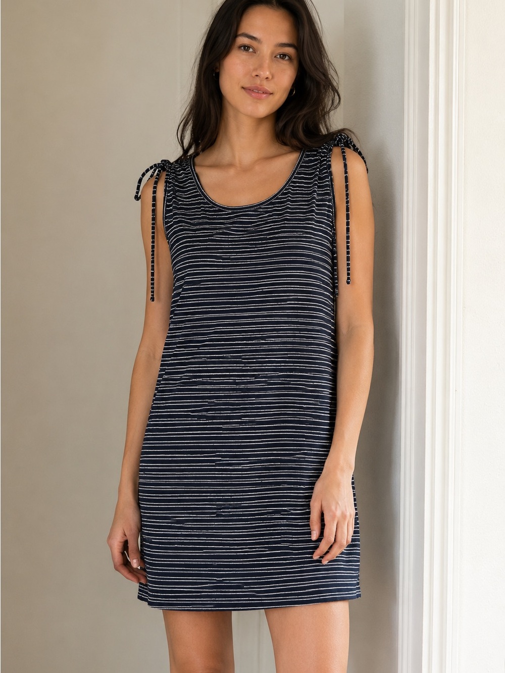 100% Cotton Navy and White Striped Tie-Shoulder Tank Dress
